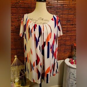 Worthington Blue and Orange Graphic Short Sleeve Blouse